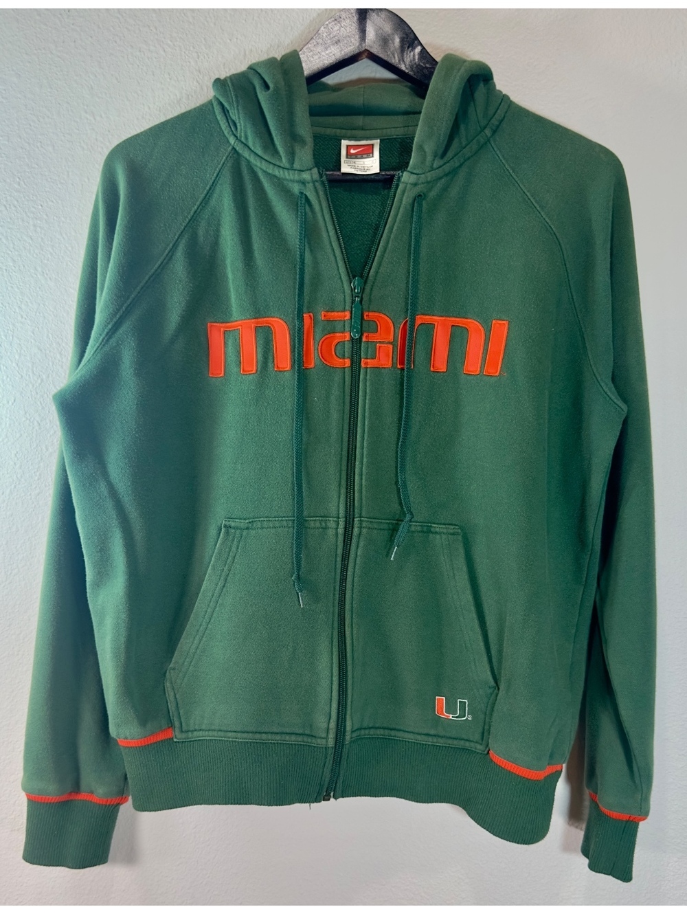 Nike Team Miami Hurricanes Girls L 12-14 Full Zip Hoodie Green Orange NCAA